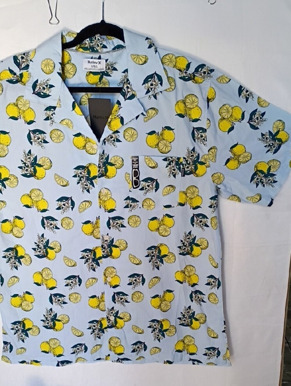 Hurley Men's Light Blue Short-Sleeve Lemon Print Button-Down Shirt Size L - Picture 2 of 9
